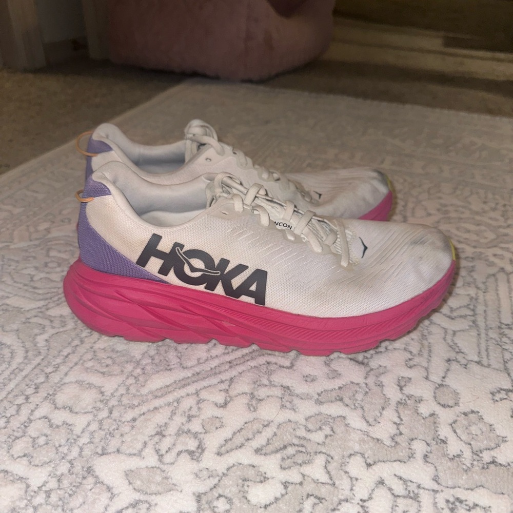 Hoka White and Magenta Athletic Shoes